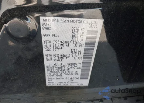 2015 Nissan Rogue S z USA, uszkodzony, nr VIN 5N1AT2MK5FC914606